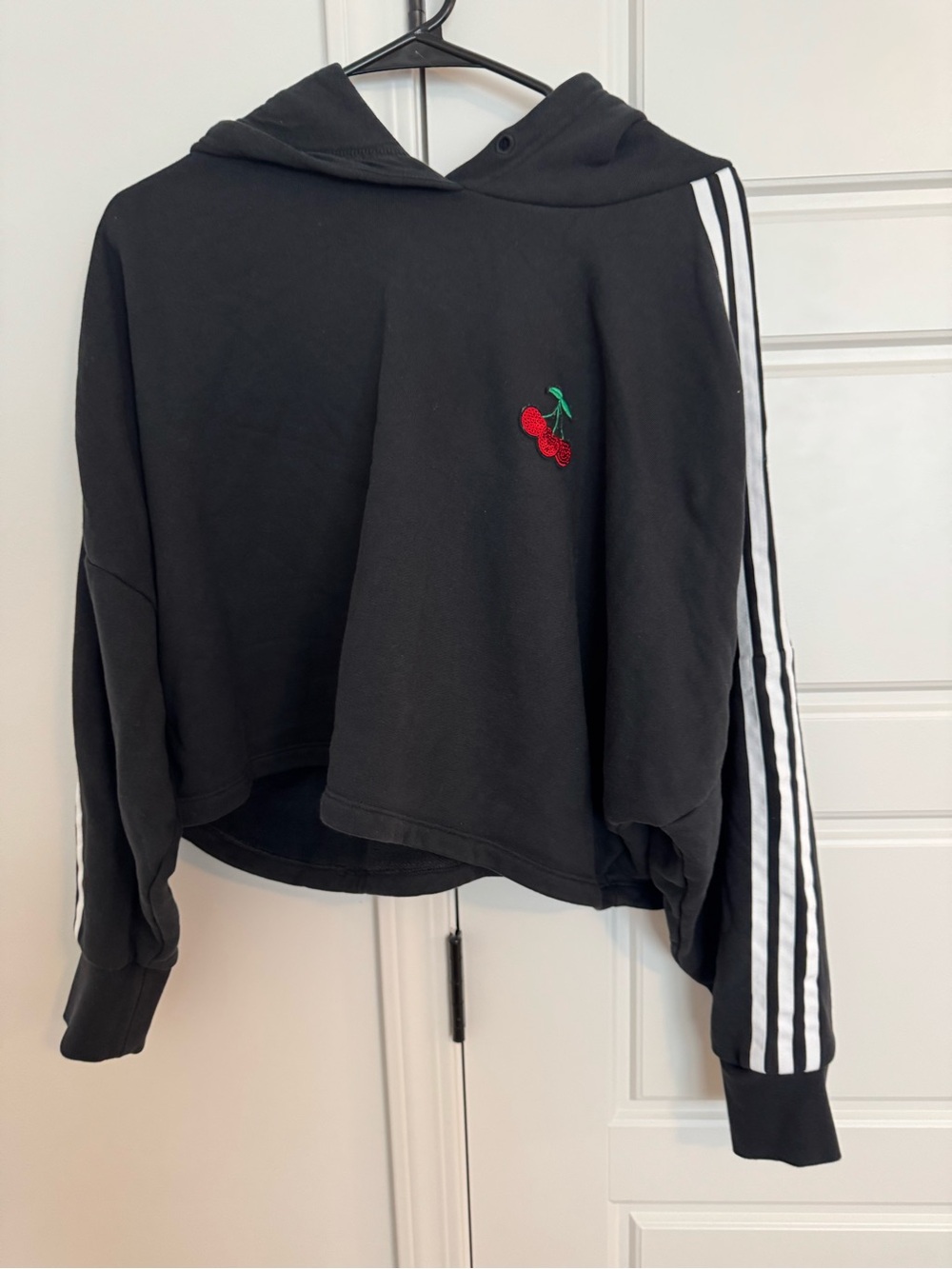 adidas Black Cropped Hoodie with Cherry Patch and Three-Stripe Sleeves